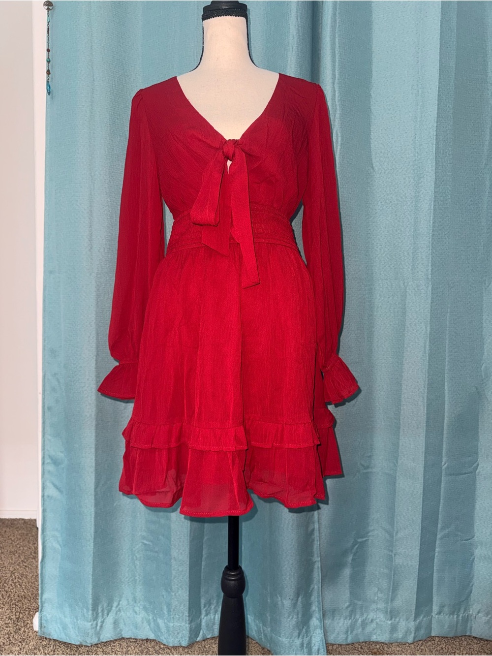 Zesica Red Long Sleeve Ruffle Mini Dress Tie Front Smocked Waist Size Small NWT